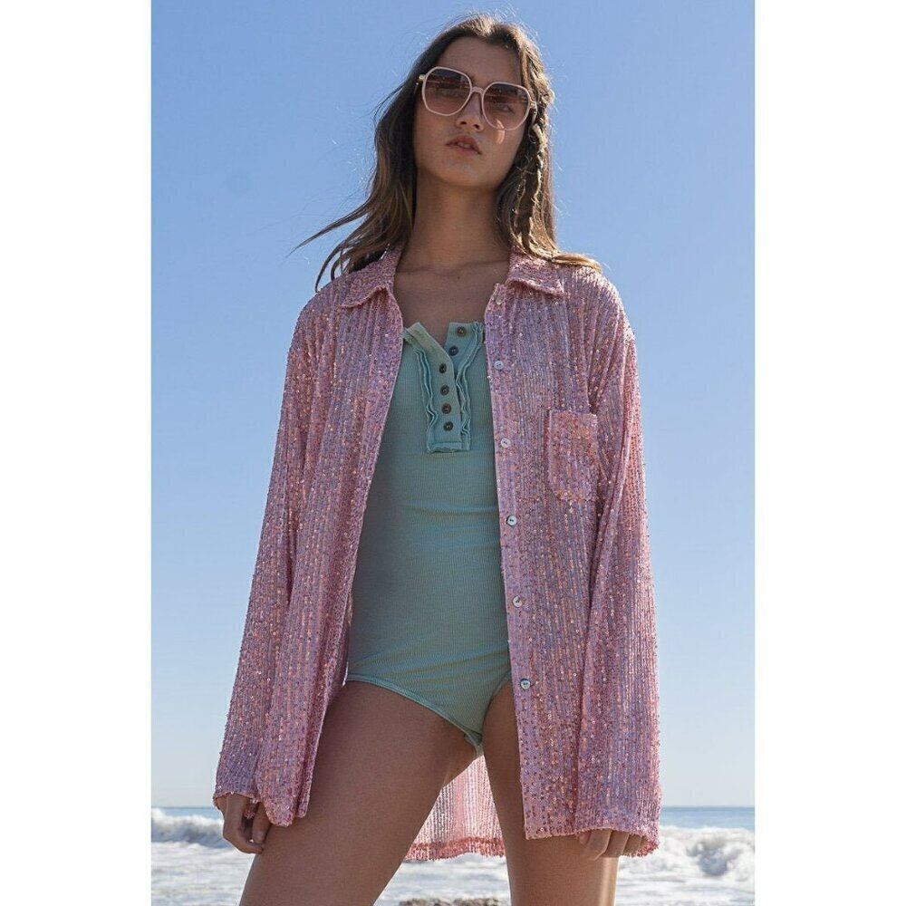 Life's a Party Sequin Button-Up Shirt in Rose Pink - Picture 12 of 12